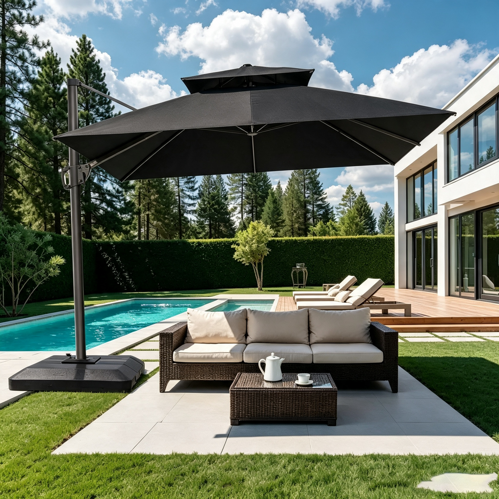 Parasol déporté inclinable 2 étages avec base lestée pour patio, ombre à 360 degrés