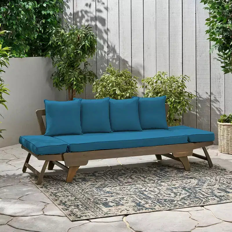 Banquette-lit extensible 82 en bois d'acacia d'extérieur avec coussins