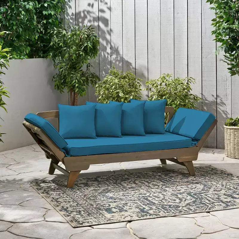 Banquette-lit extensible 82 en bois d'acacia d'extérieur avec coussins