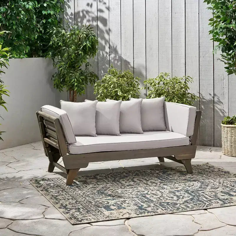 Banquette-lit extensible 82 en bois d'acacia d'extérieur avec coussins