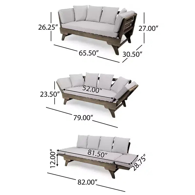 Banquette-lit extensible 82 en bois d'acacia d'extérieur avec coussins