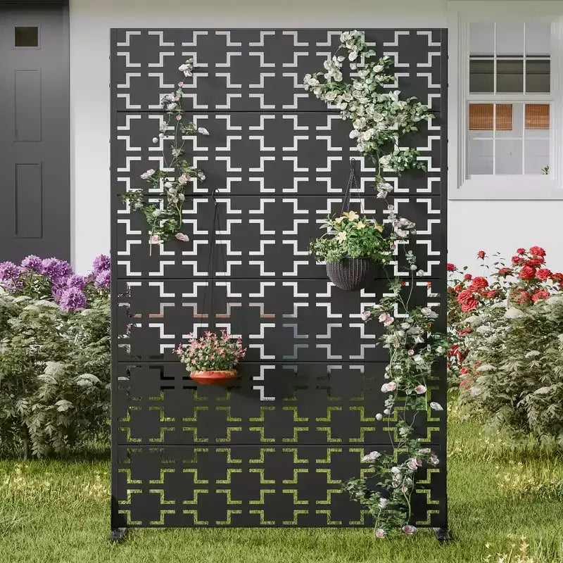 Écran d'intimité extérieur en métal de 183 cm x 119 cm, motif carré, de couleur noire, pour clôture de jardin