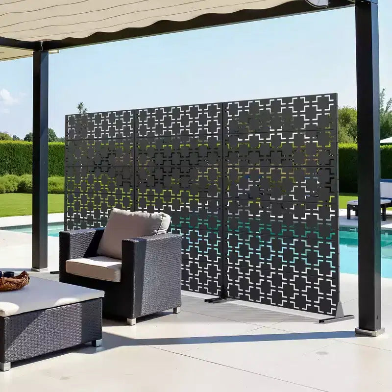Écran d'intimité extérieur en métal de 183 cm x 119 cm, motif carré, de couleur noire, pour clôture de jardin