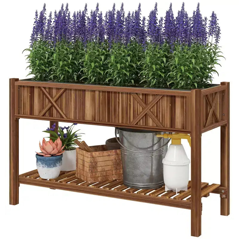 Jardinière surélevée en bois, 120 x 56 x 80 cm, avec étagère de rangement, trous de drainage et doublure
