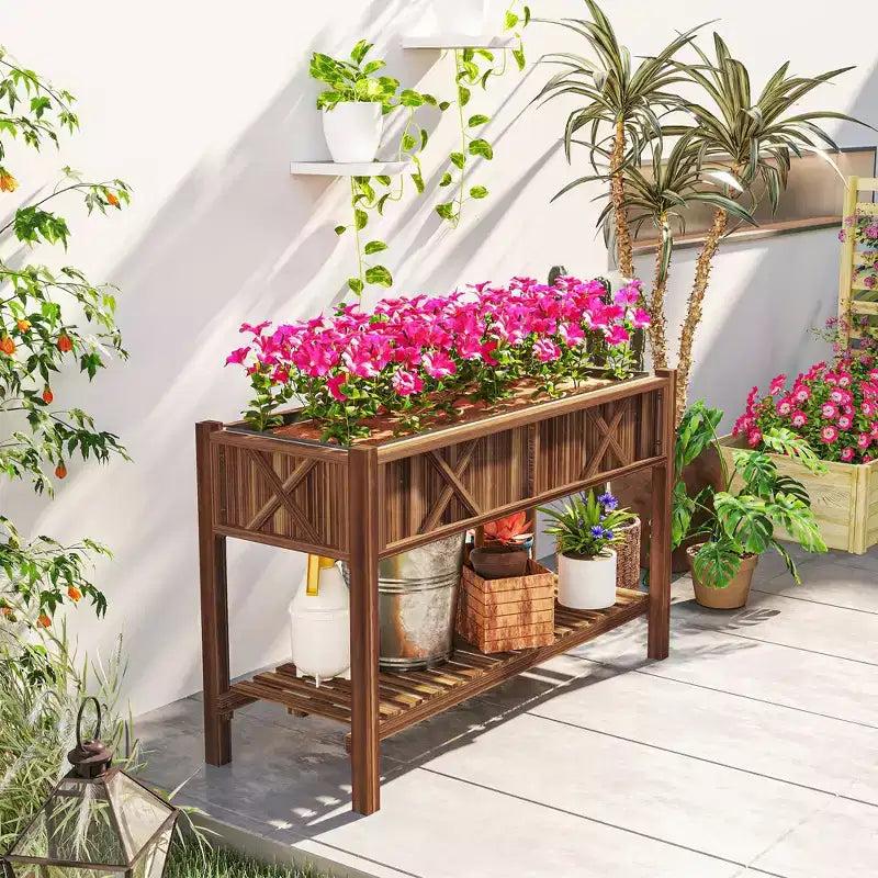 Jardinière surélevée en bois, 120 x 56 x 80 cm, avec étagère de rangement, trous de drainage et doublure