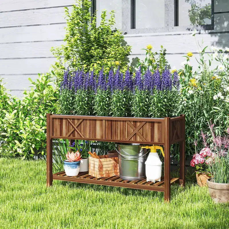 Jardinière surélevée en bois, 120 x 56 x 80 cm, avec étagère de rangement, trous de drainage et doublure