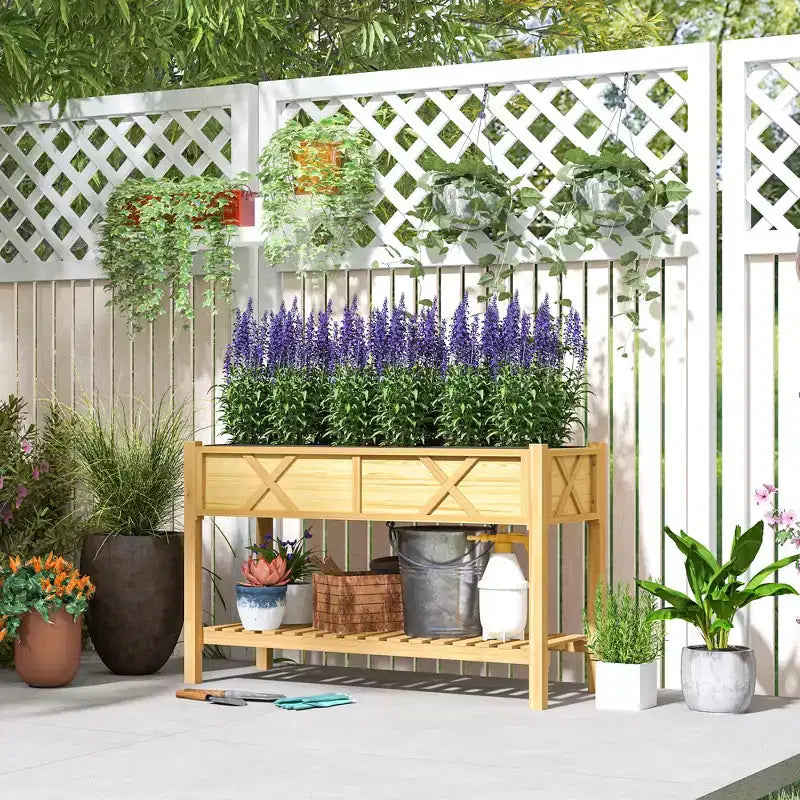 Jardinière surélevée en bois, 120 x 56 x 80 cm, avec étagère de rangement, trous de drainage et doublure