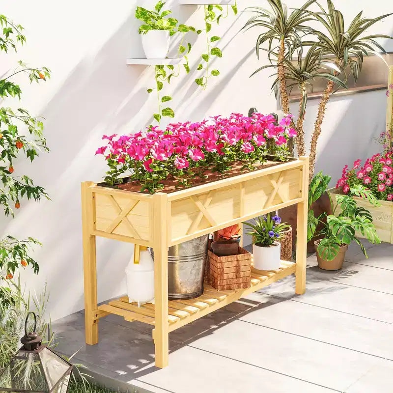 Jardinière surélevée en bois, 120 x 56 x 80 cm, avec étagère de rangement, trous de drainage et doublure