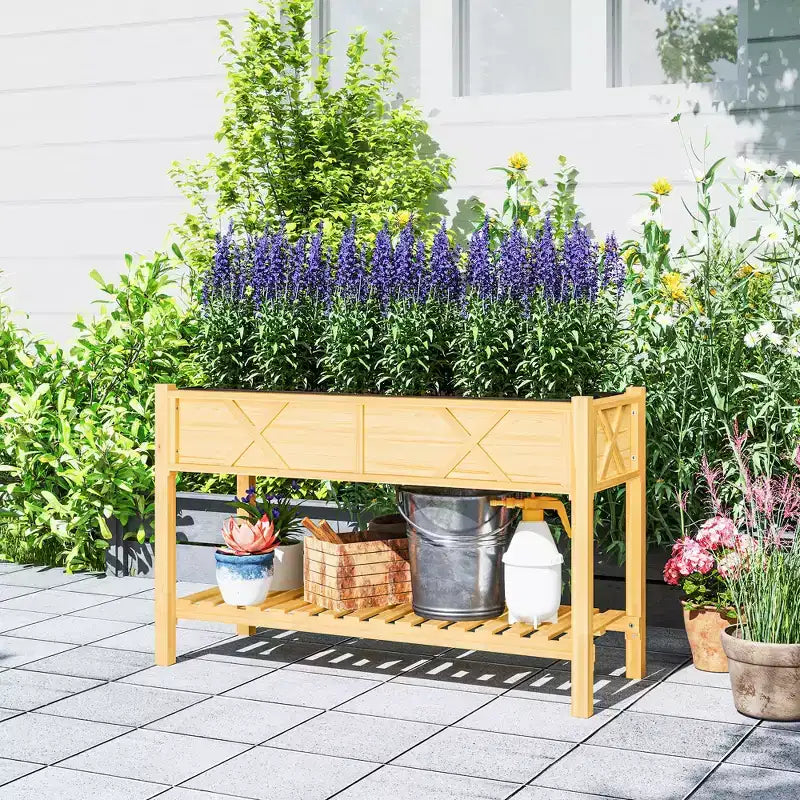 Jardinière surélevée en bois, 120 x 56 x 80 cm, avec étagère de rangement, trous de drainage et doublure