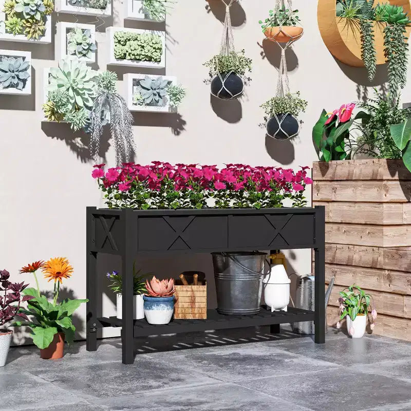 Jardinière surélevée en bois, 120 x 56 x 80 cm, avec étagère de rangement, trous de drainage et doublure