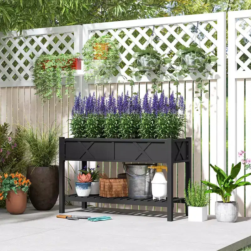 Jardinière surélevée en bois, 120 x 56 x 80 cm, avec étagère de rangement, trous de drainage et doublure