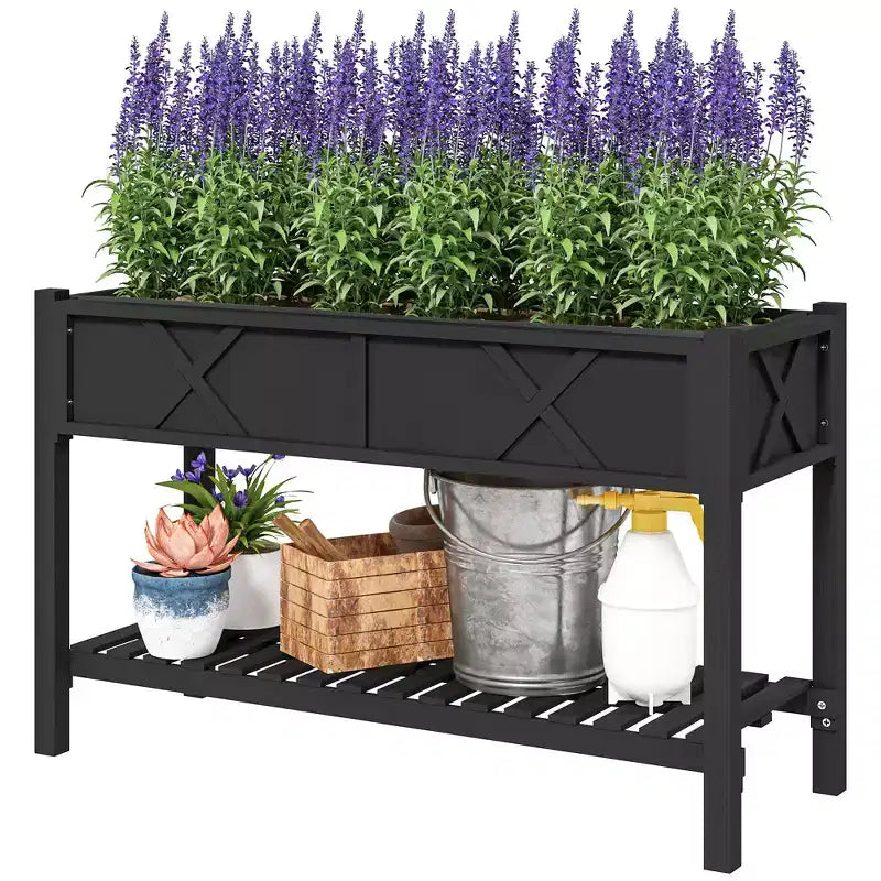 Jardinière surélevée en bois, 120 x 56 x 80 cm, avec étagère de rangement, trous de drainage et doublure