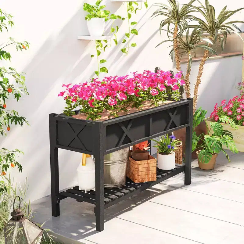 Jardinière surélevée en bois, 120 x 56 x 80 cm, avec étagère de rangement, trous de drainage et doublure