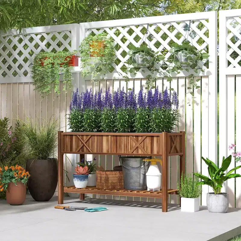 Jardinière surélevée en bois, 120 x 56 x 80 cm, avec étagère de rangement, trous de drainage et doublure