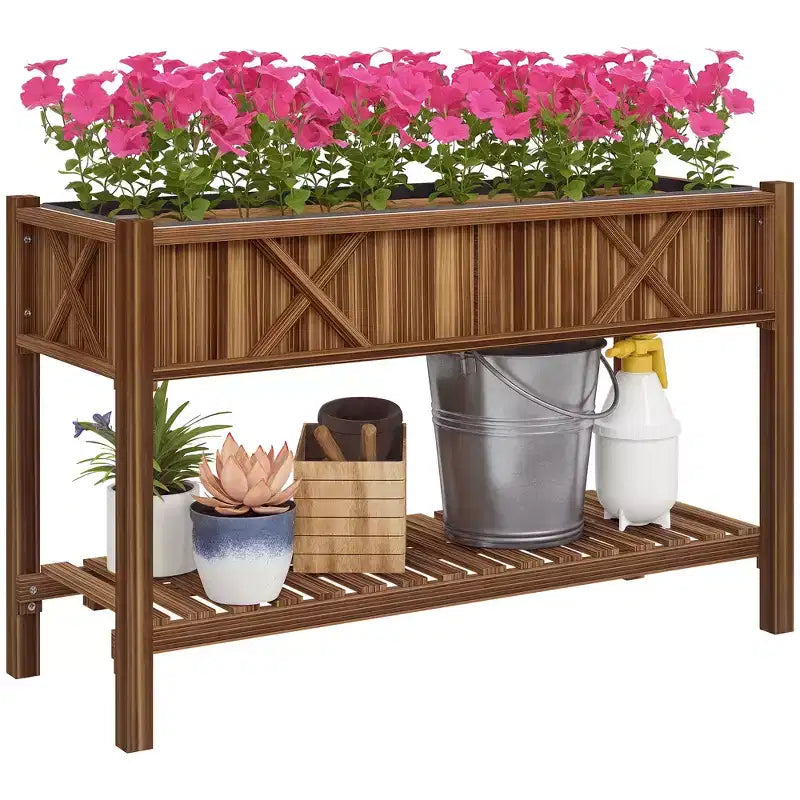 Jardinière surélevée en bois, 120 x 56 x 80 cm, avec étagère de rangement, trous de drainage et doublure