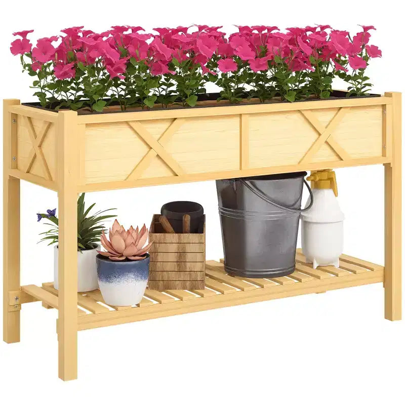 Jardinière surélevée en bois, 120 x 56 x 80 cm, avec étagère de rangement, trous de drainage et doublure