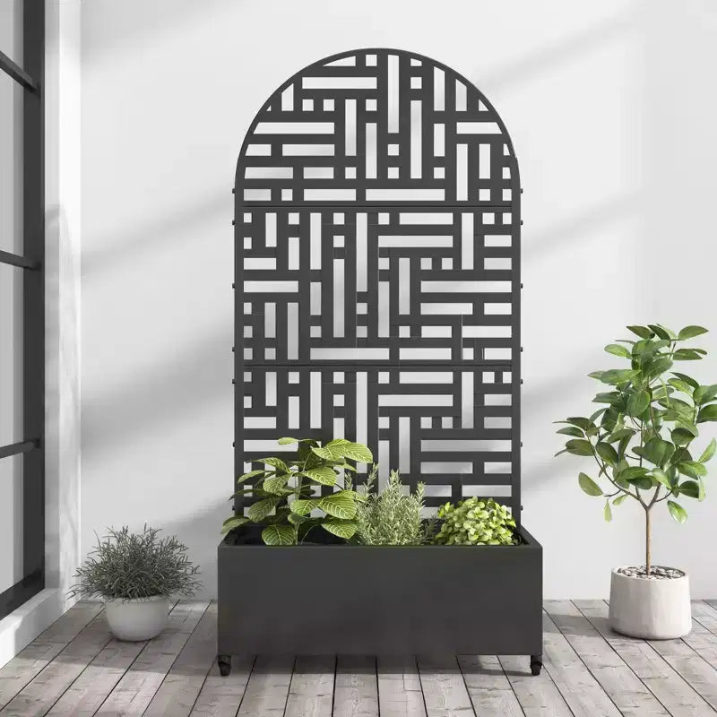 Black Wrought Iron Arch Planting Box with Climbing Rack (Helen Street 01) 183x90x40cm