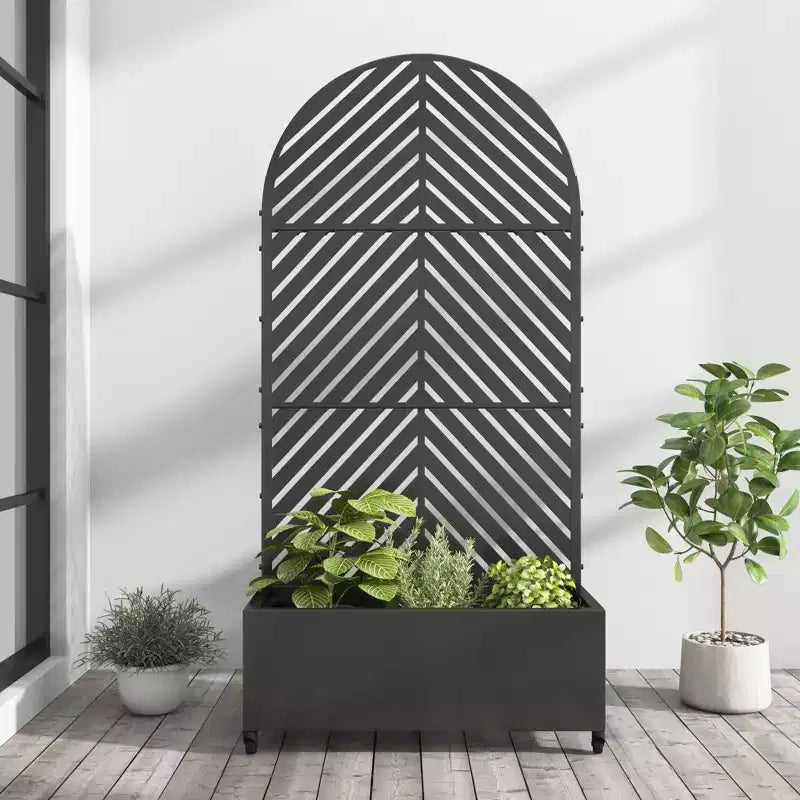 Wrought Iron Black Arch Planting Box with Climbing Rack (Parallel Line 01) 183x90x40cm