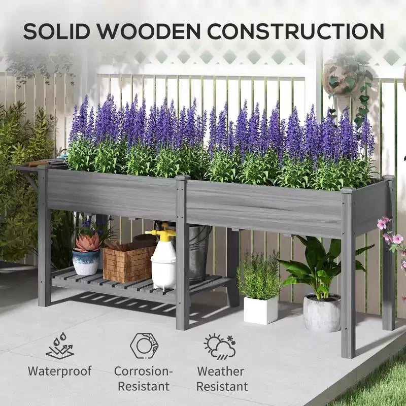 Jardinière surélevée en bois, avec table d'appoint, étagère inférieure, doublures et trous de drainage