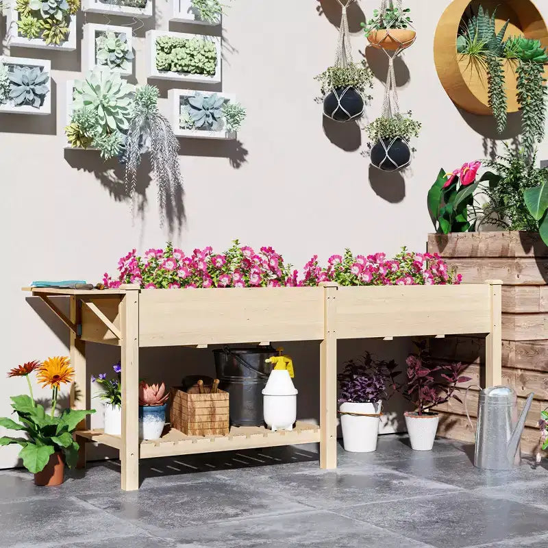 Jardinière surélevée en bois, avec table d'appoint, étagère inférieure, doublures et trous de drainage