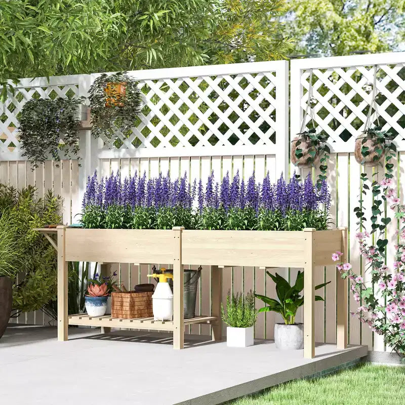 Jardinière surélevée en bois, avec table d'appoint, étagère inférieure, doublures et trous de drainage