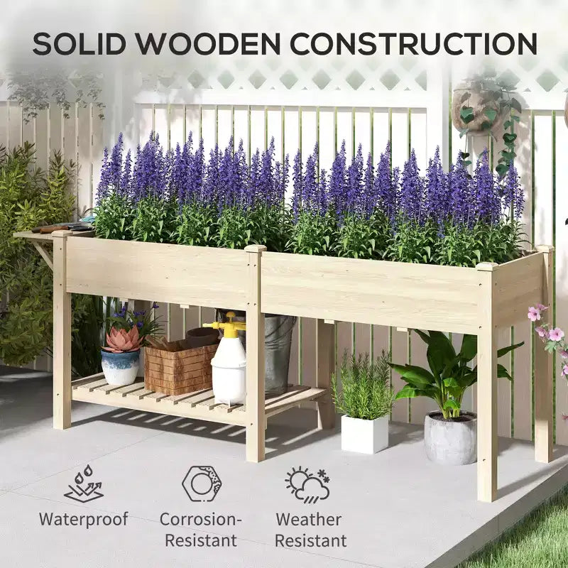 Jardinière surélevée en bois, avec table d'appoint, étagère inférieure, doublures et trous de drainage