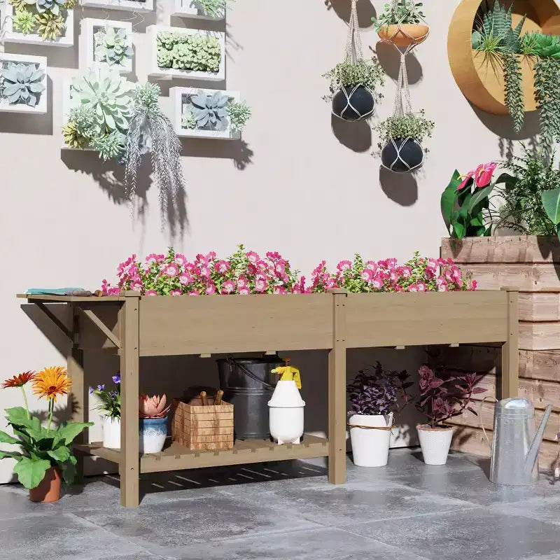 Jardinière surélevée en bois, avec table d'appoint, étagère inférieure, doublures et trous de drainage
