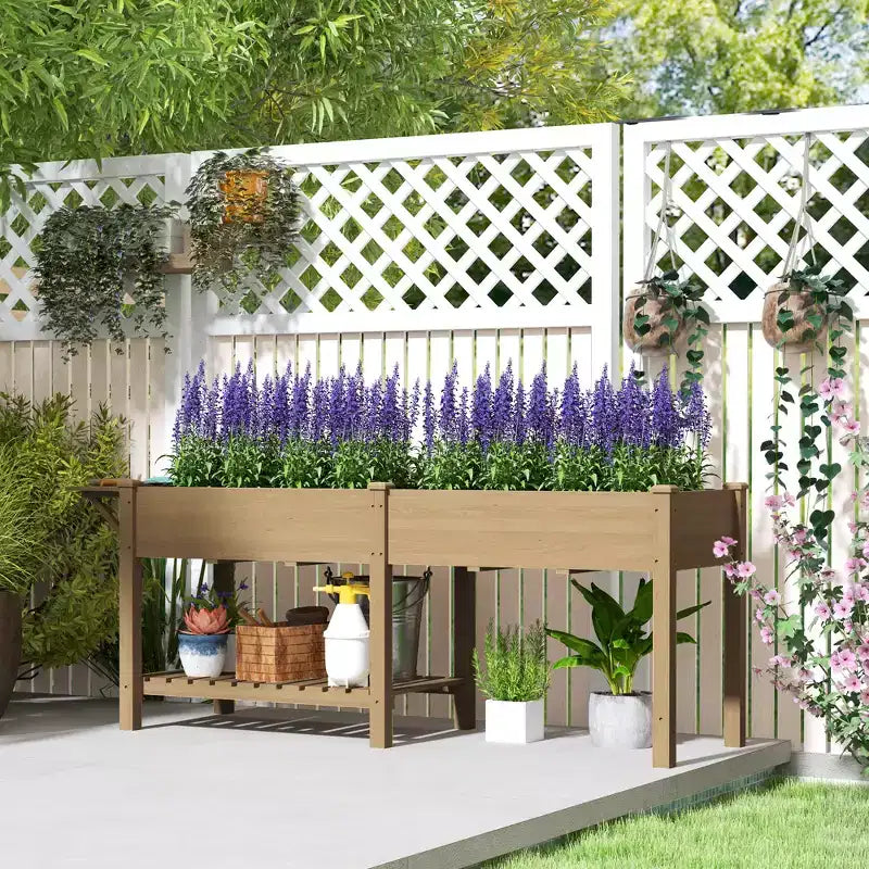 Jardinière surélevée en bois, avec table d'appoint, étagère inférieure, doublures et trous de drainage