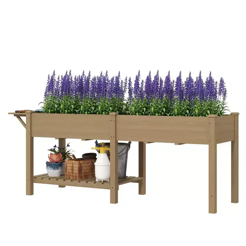 Jardinière surélevée en bois, avec table d'appoint, étagère inférieure, doublures et trous de drainage
