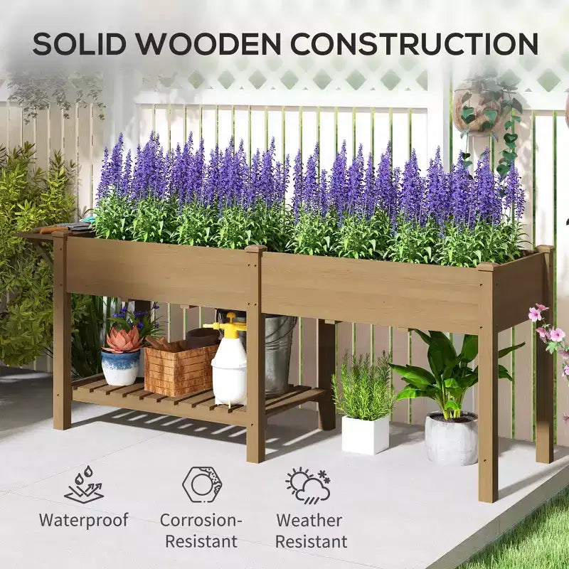 Jardinière surélevée en bois, avec table d'appoint, étagère inférieure, doublures et trous de drainage