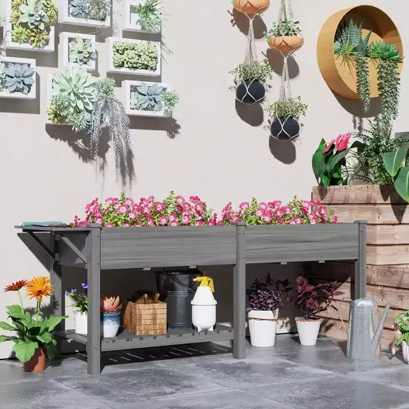 Jardinière surélevée en bois, avec table d'appoint, étagère inférieure, doublures et trous de drainage