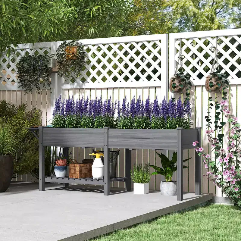 Jardinière surélevée en bois, avec table d'appoint, étagère inférieure, doublures et trous de drainage