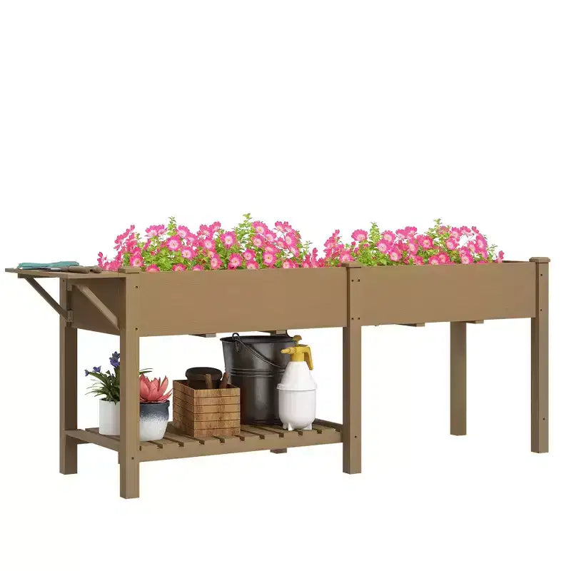 Outsunny Raised Garden Bed, Wood Elevated Planter Box with Side Table, Bottom Shelf, Bed Liners and Drainage Holes