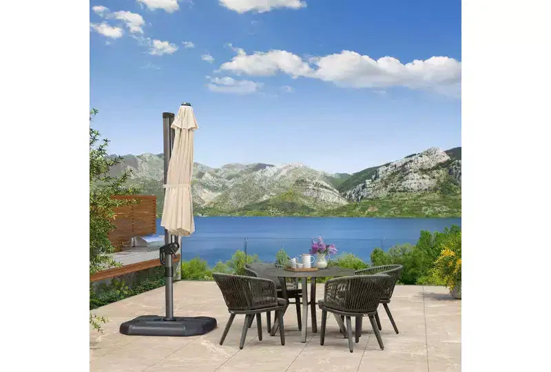 Parasol déporté rond d'extérieur de 3 m, en aluminium avec rotation à 360°, parasol réglable avec base, beige