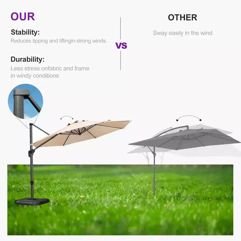 Parasol déporté rond d'extérieur de 3 m, en aluminium avec rotation à 360°, parasol réglable avec base, beige