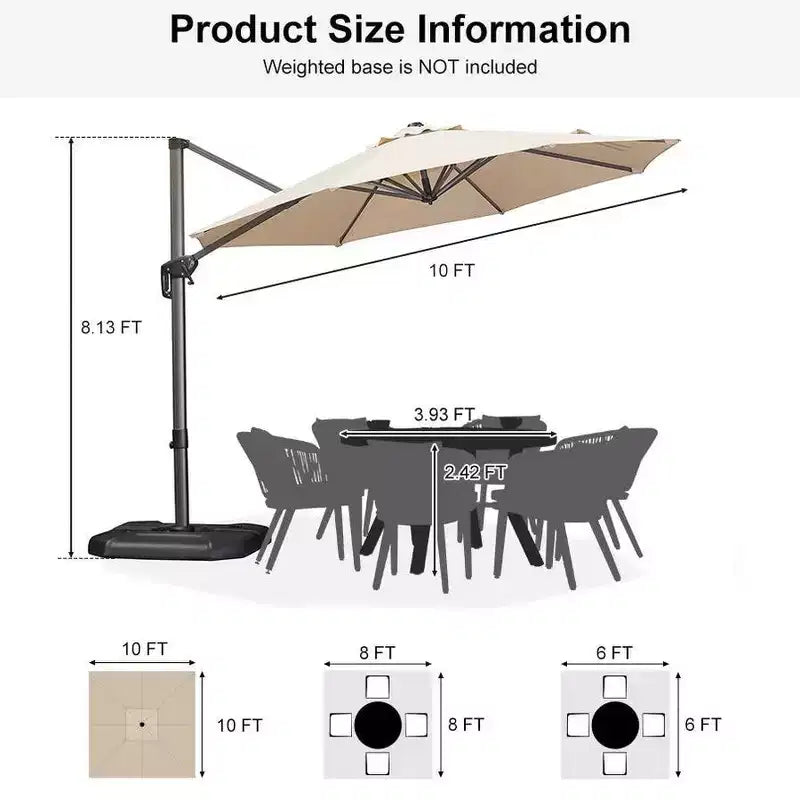 Parasol déporté rond d'extérieur de 3 m, en aluminium avec rotation à 360°, parasol réglable avec base, beige