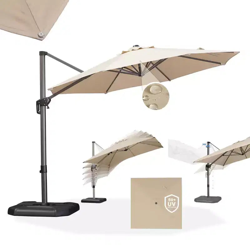 Parasol déporté rond d'extérieur de 3 m, en aluminium avec rotation à 360°, parasol réglable avec base, beige