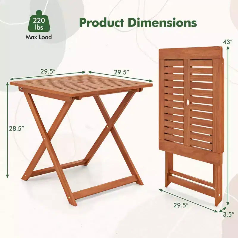 Table de salle à manger de patio de 29,5 x 29,5 avec peinture teck et 2 trous de parasol pour balcon