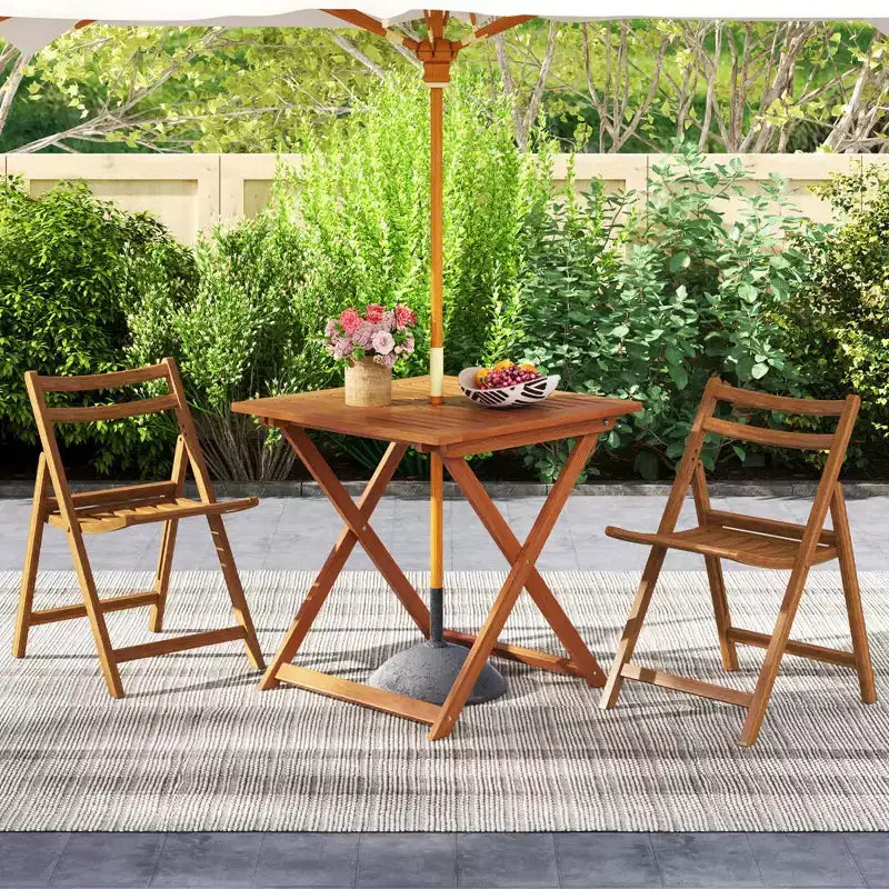 Table de salle à manger de patio de 29,5 x 29,5 avec peinture teck et 2 trous de parasol pour balcon