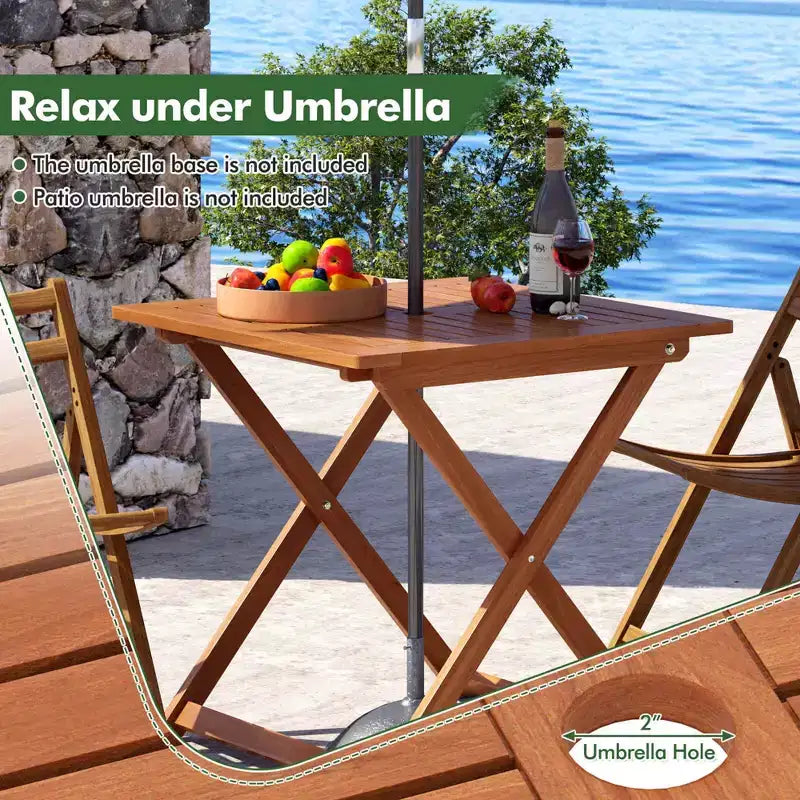 Table de salle à manger de patio de 29,5 x 29,5 avec peinture teck et 2 trous de parasol pour balcon