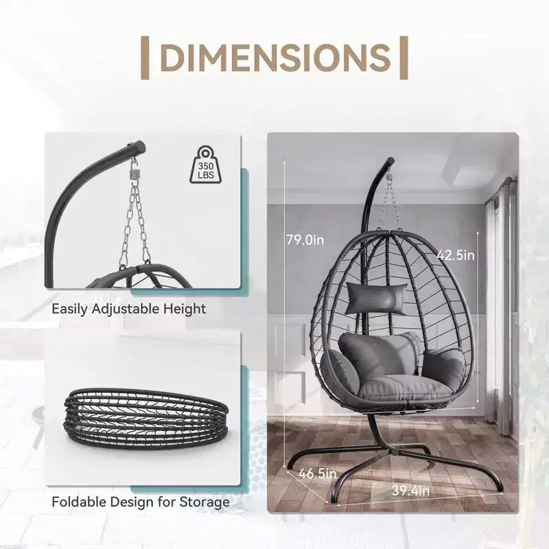 Chaise suspendue œuf d'intérieur/extérieur en rotin avec support métallique, balançoire hamac avec appuie-tête rembourré, capacité de 220 kg