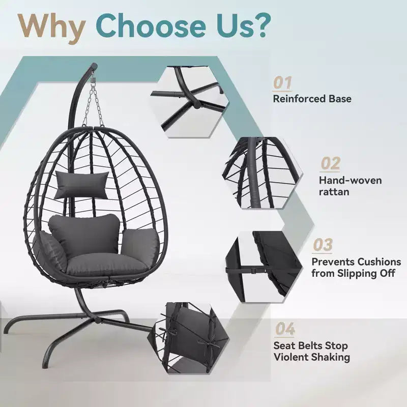 Chaise suspendue œuf d'intérieur/extérieur en rotin avec support métallique, balançoire hamac avec appuie-tête rembourré, capacité de 220 kg