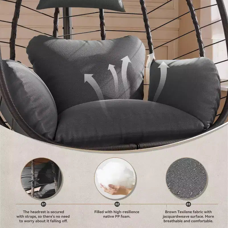 Chaise suspendue œuf d'intérieur/extérieur en rotin avec support métallique, balançoire hamac avec appuie-tête rembourré, capacité de 220 kg