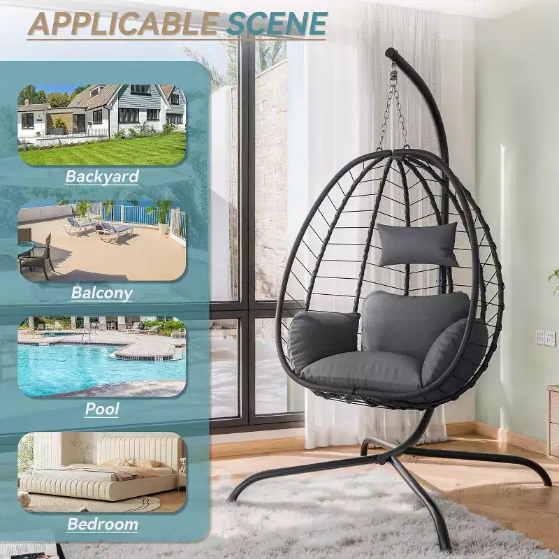 Chaise suspendue œuf d'intérieur/extérieur en rotin avec support métallique, balançoire hamac avec appuie-tête rembourré, capacité de 220 kg