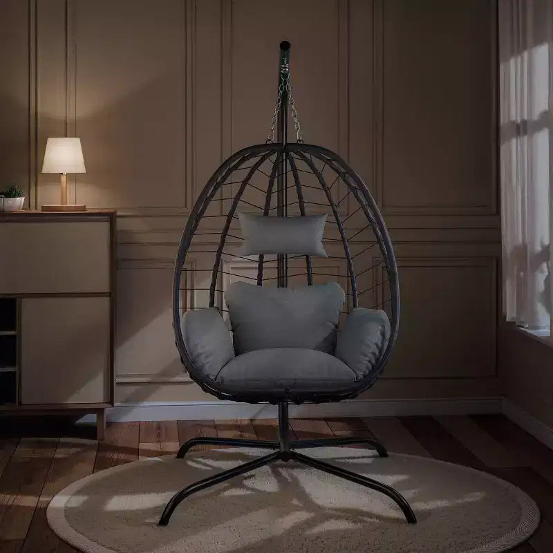 Chaise suspendue œuf d'intérieur/extérieur en rotin avec support métallique, balançoire hamac avec appuie-tête rembourré, capacité de 220 kg