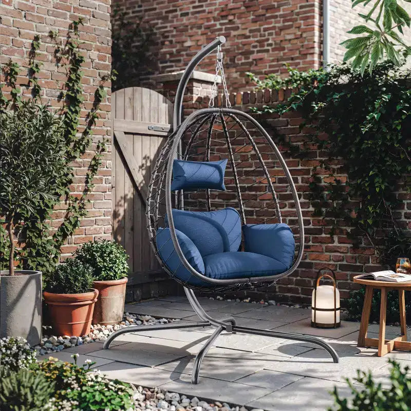 Chaise suspendue œuf d'intérieur/extérieur en rotin avec support métallique, balançoire hamac avec appuie-tête rembourré, capacité de 220 kg