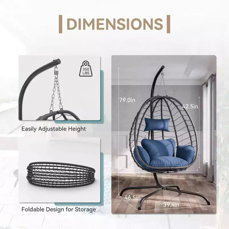 Chaise suspendue œuf d'intérieur/extérieur en rotin avec support métallique, balançoire hamac avec appuie-tête rembourré, capacité de 220 kg