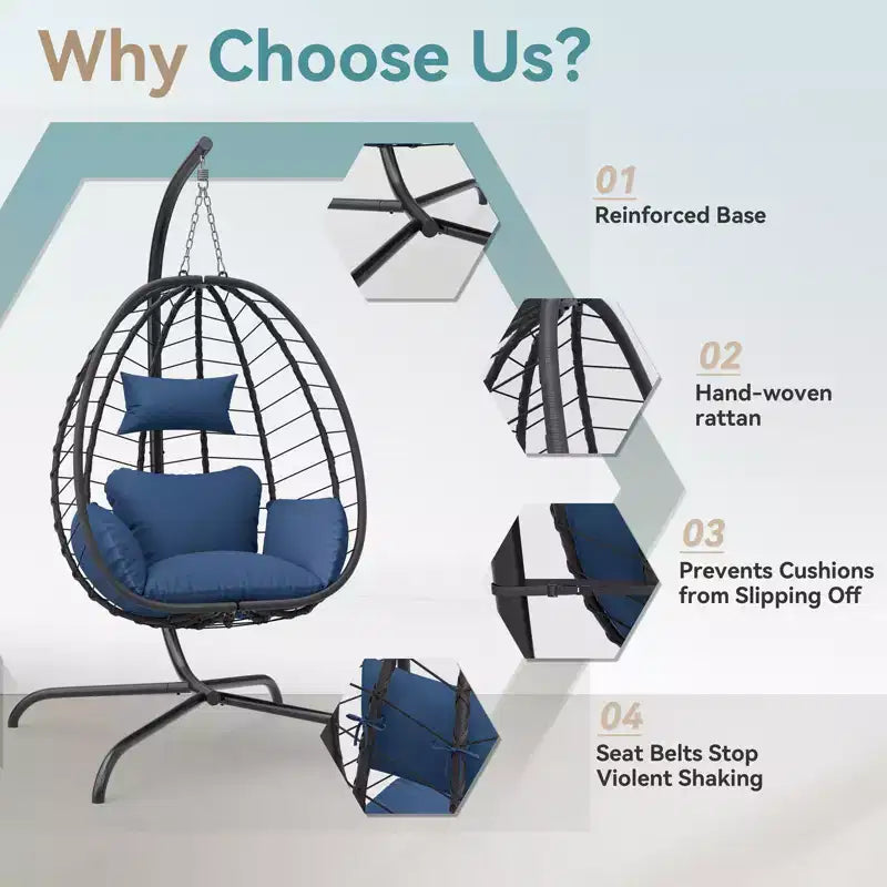 Chaise suspendue œuf d'intérieur/extérieur en rotin avec support métallique, balançoire hamac avec appuie-tête rembourré, capacité de 220 kg
