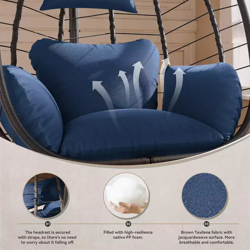 Chaise suspendue œuf d'intérieur/extérieur en rotin avec support métallique, balançoire hamac avec appuie-tête rembourré, capacité de 220 kg