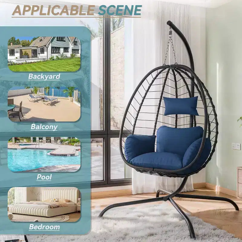 Chaise suspendue œuf d'intérieur/extérieur en rotin avec support métallique, balançoire hamac avec appuie-tête rembourré, capacité de 220 kg